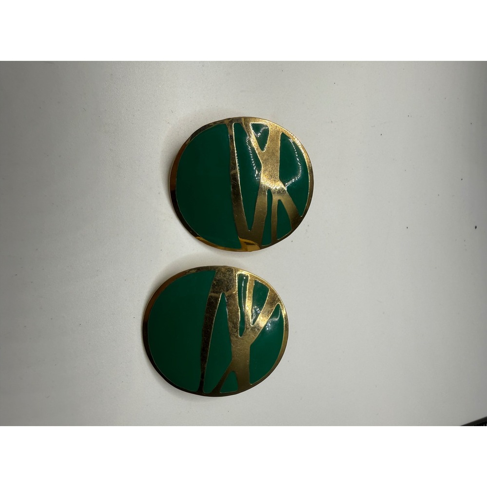 Vintage Green Enamel Gold Tone Abstract Round Statement Stud Earrings Large